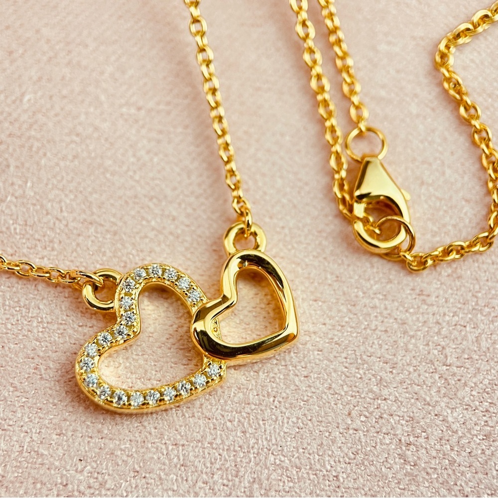 Linked Heart Pendant Necklace, Moissanite, S925 with 18k Yellow Gold Plating